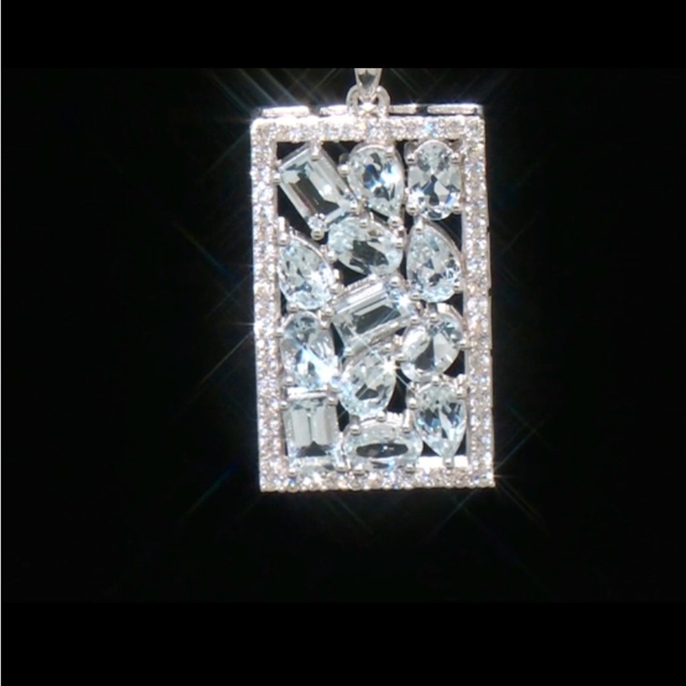 WOW!! 🤩 Aquamarine Rhodium Over Silver Pendant With Chain 6.20ctw.